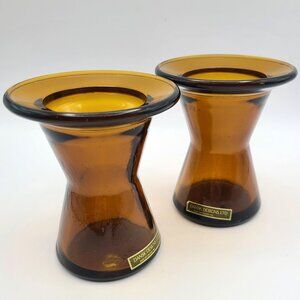 Pair Dansk Designs IHQ Finland Vintage MCM Amber Glass Candle Holder Vase Label